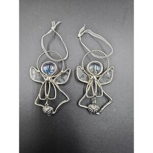 2 Stained Glass Ornament Angel With Hearts 2.5" Silver Color Christmas Holiday